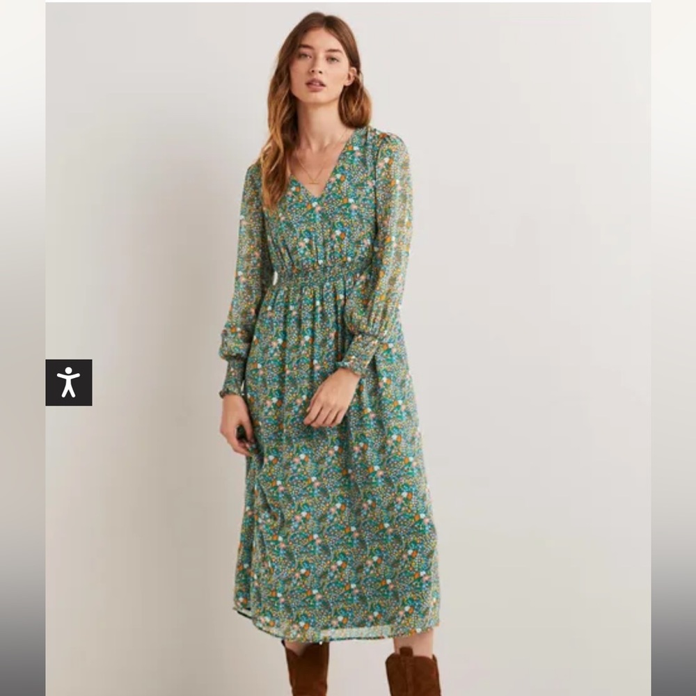 Boden Floral Long Sleeve Smocked Waist Midi Dress 6P